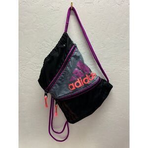 Adidas Purple Drawstring Bag‎ With Zipper Pocket Logo Straps Gym Training